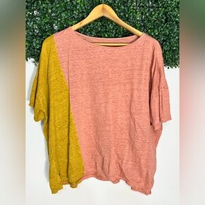 Garnett Hill 100% Organic Linen Peach Gold Colorblock Short Sleeved Shirt L